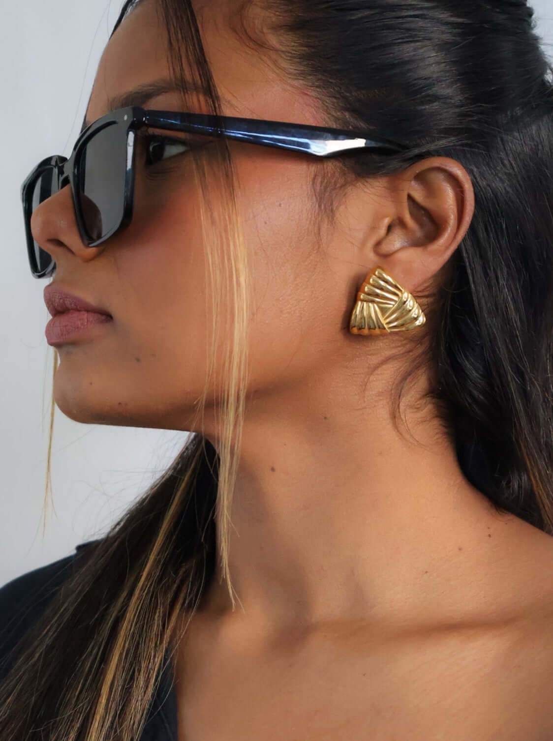 Model wearing Alexa Triangle Earrings